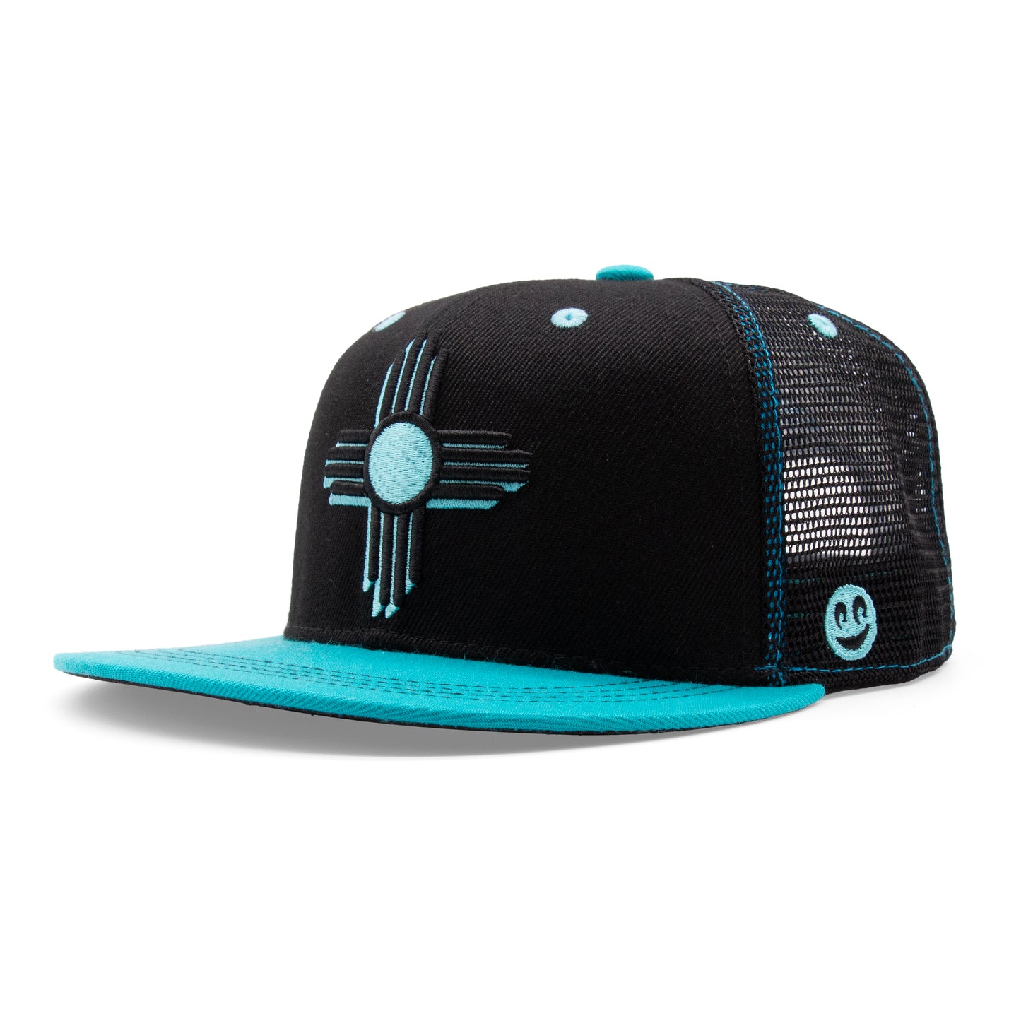 Adult New Mexico Zia Flat Bill Hat - Black/Turquoise - Angled