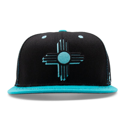 Adult New Mexico Zia Flat Bill Hat - Black/Turquoise - Front