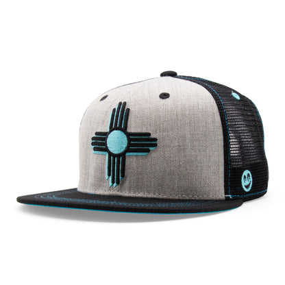 Adult New Mexico Zia Flat Bill Hat - Grey/Black - Angled