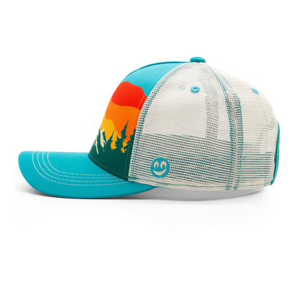 Adult Mountain Tree Tops Low Pro Hat teal front view