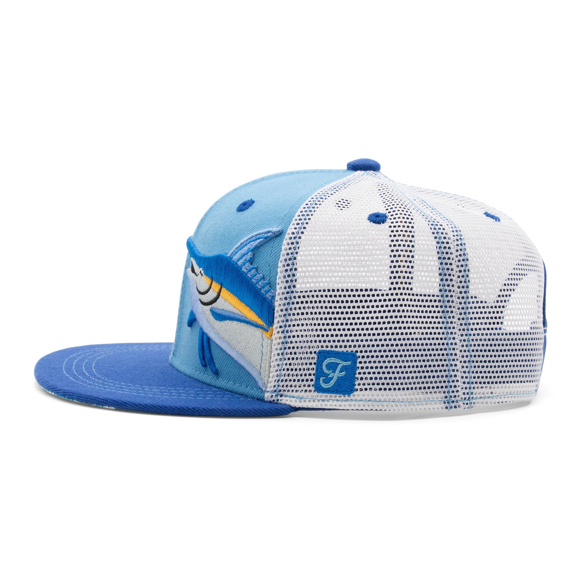 Kids Marlin Flat Bill Hat royal angled back view