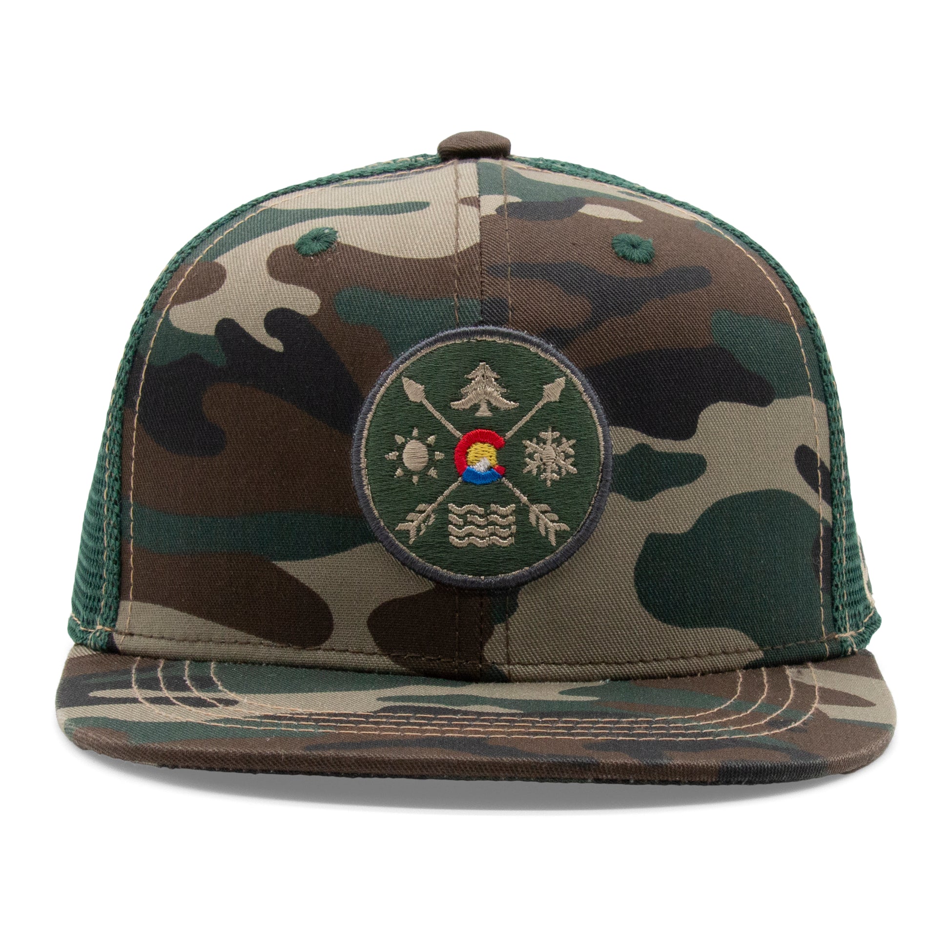 Kids Colorado All Seasons Patch Flat Bill Hat camouflage front view