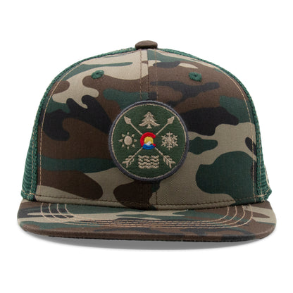Kids Colorado All Seasons Patch Flat Bill Hat camouflage front view