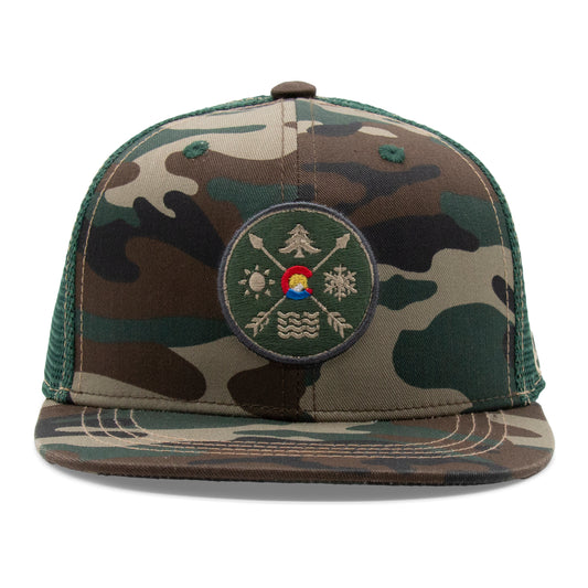 Kids Colorado All Seasons Patch Flat Bill Hat camouflage front view