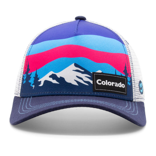 Kids Colorado Mountain Tree Tops Low Pro Hat purple front view