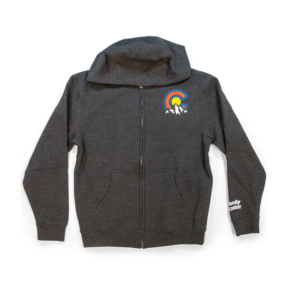 Kids Colorado Mountains Zip Hoodie black front view