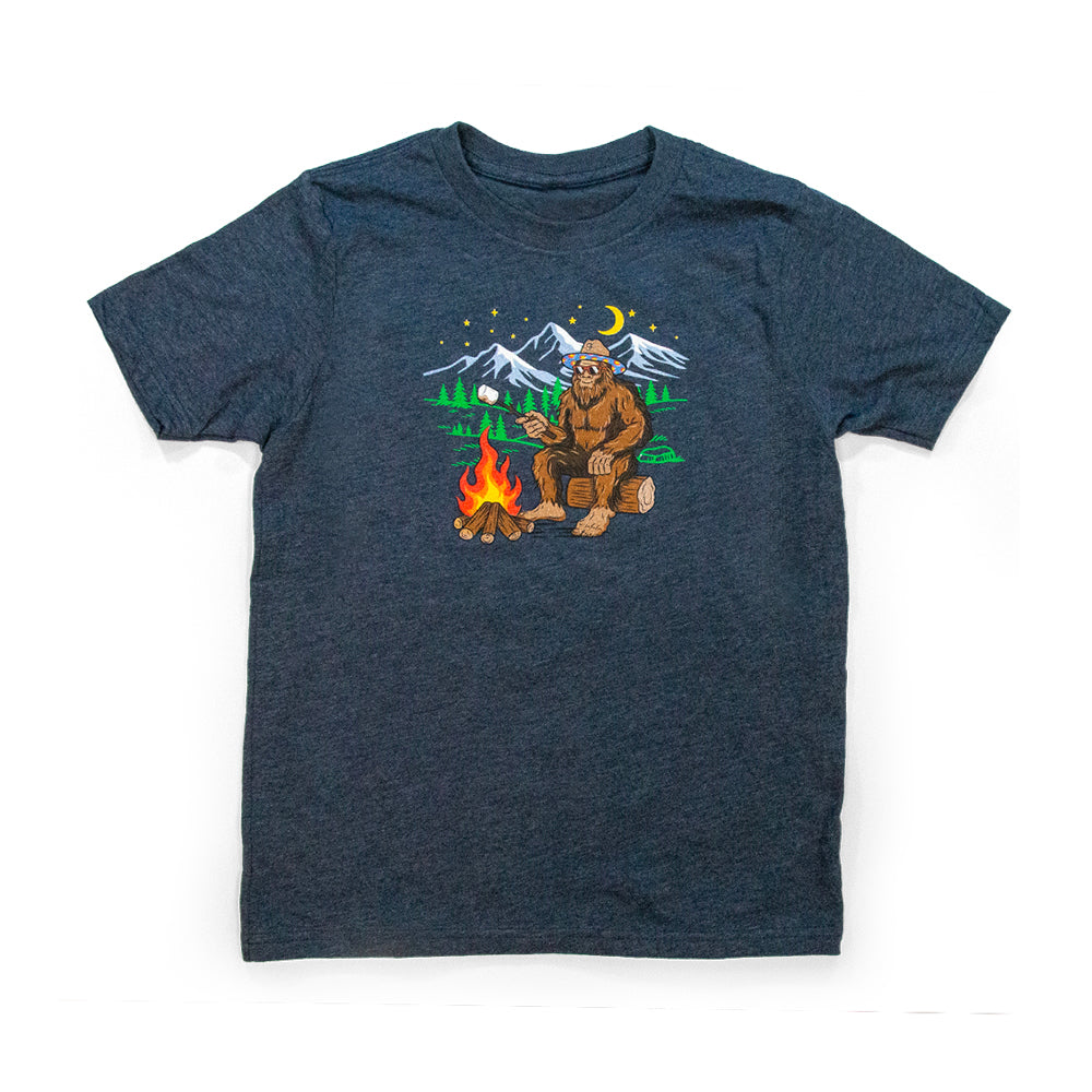 Kids Colorado Bigfoot Camping T-Shirt black front view