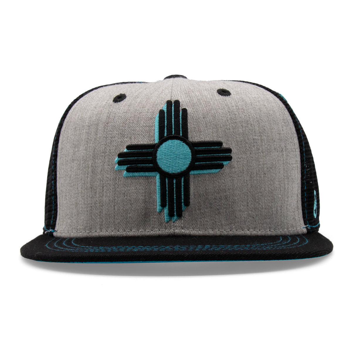 Front view of a heather gray New Mexico Zia cap with a black flat bill and an embroidered black and turquoise Zia sun symbol.